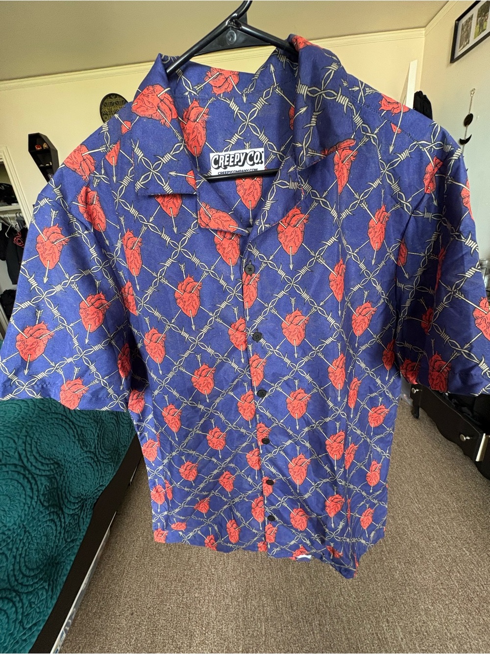 Creepy Co. Navy Short-Sleeve Button-Up with Pierced Red Heart in Chains Pattern